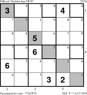 The grouppuzzles.com Difficult Sudoku-6up-UR-D puzzle for Saturday July 26, 2025 with all 9 steps marked