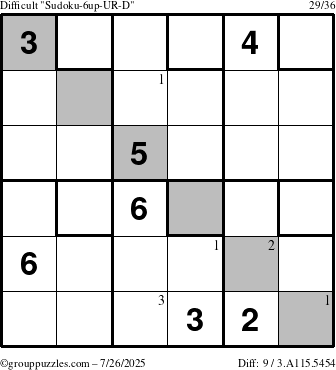 The grouppuzzles.com Difficult Sudoku-6up-UR-D puzzle for Saturday July 26, 2025 with the first 3 steps marked