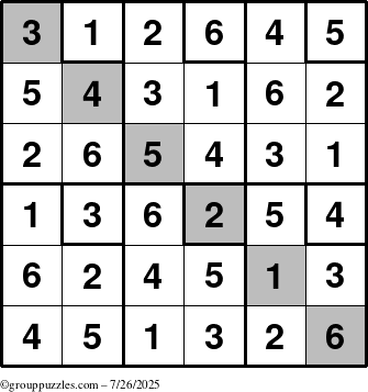 The grouppuzzles.com Answer grid for the Sudoku-6up-UR-D puzzle for Saturday July 26, 2025