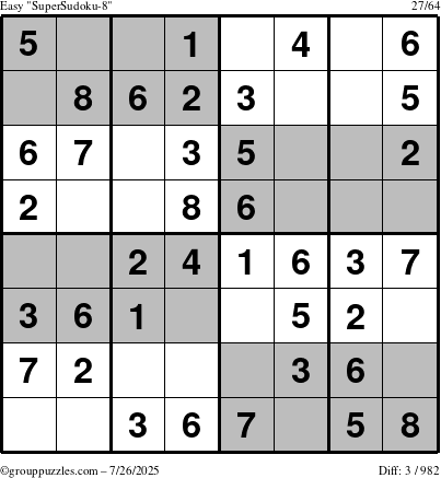The grouppuzzles.com Easy SuperSudoku-8 puzzle for Saturday July 26, 2025