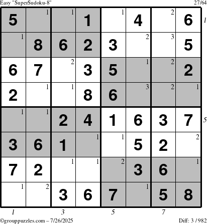 The grouppuzzles.com Easy SuperSudoku-8 puzzle for Saturday July 26, 2025 with all 3 steps marked