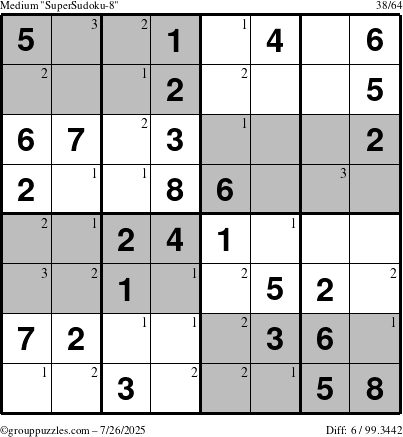 The grouppuzzles.com Medium SuperSudoku-8 puzzle for Saturday July 26, 2025 with the first 3 steps marked