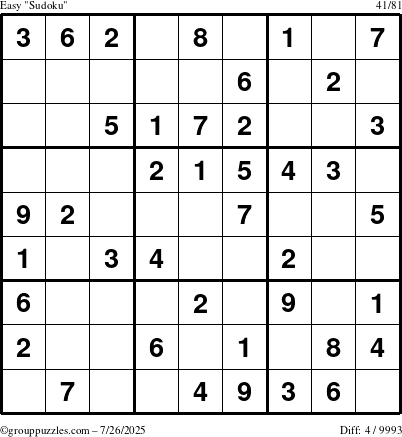 The grouppuzzles.com Easy Sudoku puzzle for Saturday July 26, 2025