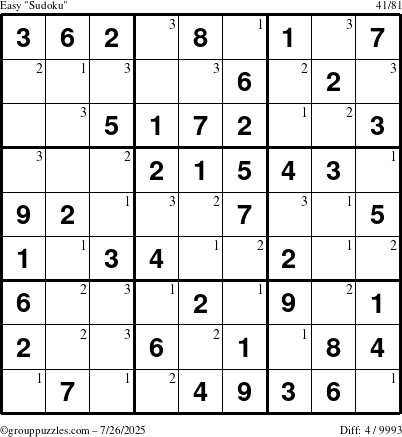 The grouppuzzles.com Easy Sudoku puzzle for Saturday July 26, 2025 with the first 3 steps marked