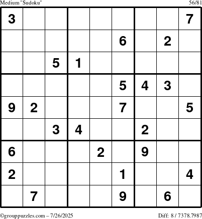 The grouppuzzles.com Medium Sudoku puzzle for Saturday July 26, 2025