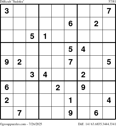 The grouppuzzles.com Difficult Sudoku puzzle for Saturday July 26, 2025