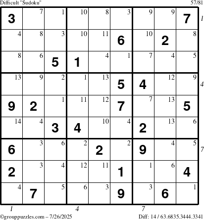 The grouppuzzles.com Difficult Sudoku puzzle for Saturday July 26, 2025 with all 14 steps marked