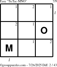 The grouppuzzles.com Easy TicTac-MNO puzzle for Saturday July 26, 2025 with all 2 steps marked