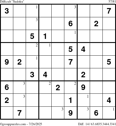 The grouppuzzles.com Difficult Sudoku puzzle for Saturday July 26, 2025 with the first 3 steps marked