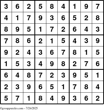 The grouppuzzles.com Answer grid for the Sudoku puzzle for Saturday July 26, 2025