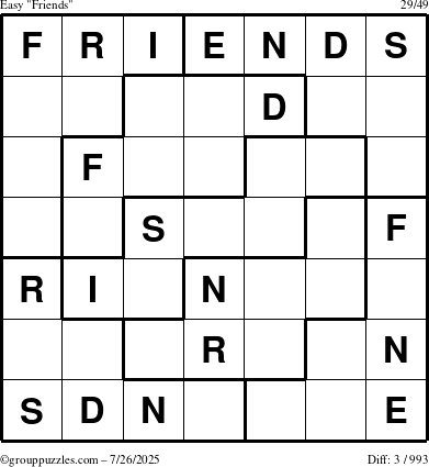 The grouppuzzles.com Easy Friends puzzle for Saturday July 26, 2025