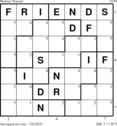 The grouppuzzles.com Medium Friends puzzle for Saturday July 26, 2025 with all 5 steps marked