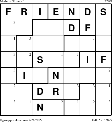 The grouppuzzles.com Medium Friends puzzle for Saturday July 26, 2025 with the first 3 steps marked