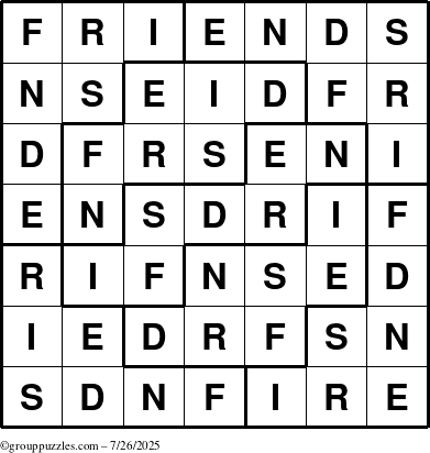The grouppuzzles.com Answer grid for the Friends puzzle for Saturday July 26, 2025