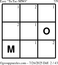 The grouppuzzles.com Easy TicTac-MNO puzzle for Saturday July 26, 2025 with the first 2 steps marked