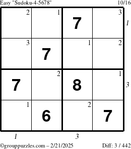 The grouppuzzles.com Easy Sudoku-4-5678 puzzle for Friday February 21, 2025 with all 3 steps marked