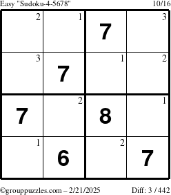 The grouppuzzles.com Easy Sudoku-4-5678 puzzle for Friday February 21, 2025 with the first 3 steps marked