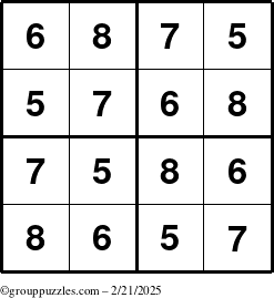 The grouppuzzles.com Answer grid for the Sudoku-4-5678 puzzle for Friday February 21, 2025