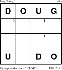 The grouppuzzles.com Easy Doug puzzle for Friday February 21, 2025 with the first 2 steps marked