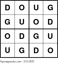 The grouppuzzles.com Answer grid for the Doug puzzle for Friday February 21, 2025