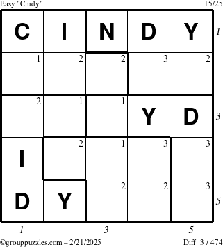 The grouppuzzles.com Easy Cindy puzzle for Friday February 21, 2025 with all 3 steps marked