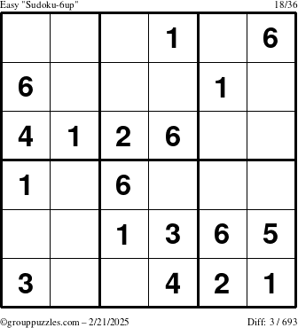 The grouppuzzles.com Easy Sudoku-6up puzzle for Friday February 21, 2025