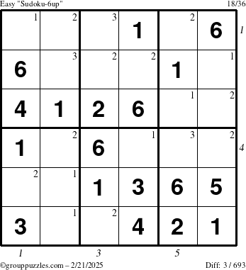 The grouppuzzles.com Easy Sudoku-6up puzzle for Friday February 21, 2025 with all 3 steps marked