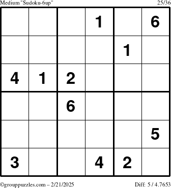 The grouppuzzles.com Medium Sudoku-6up puzzle for Friday February 21, 2025