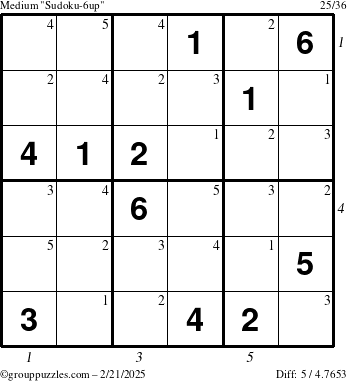 The grouppuzzles.com Medium Sudoku-6up puzzle for Friday February 21, 2025 with all 5 steps marked