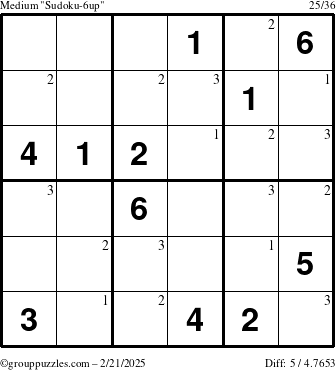 The grouppuzzles.com Medium Sudoku-6up puzzle for Friday February 21, 2025 with the first 3 steps marked