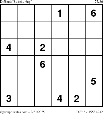 The grouppuzzles.com Difficult Sudoku-6up puzzle for Friday February 21, 2025