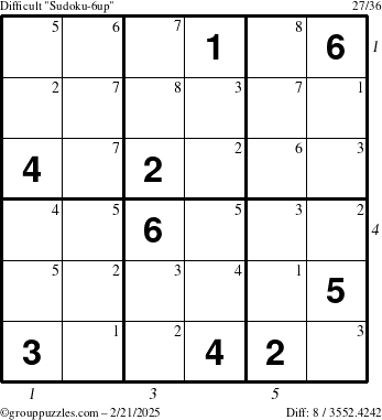 The grouppuzzles.com Difficult Sudoku-6up puzzle for Friday February 21, 2025 with all 8 steps marked