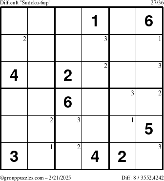 The grouppuzzles.com Difficult Sudoku-6up puzzle for Friday February 21, 2025 with the first 3 steps marked