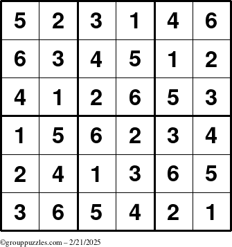 The grouppuzzles.com Answer grid for the Sudoku-6up puzzle for Friday February 21, 2025