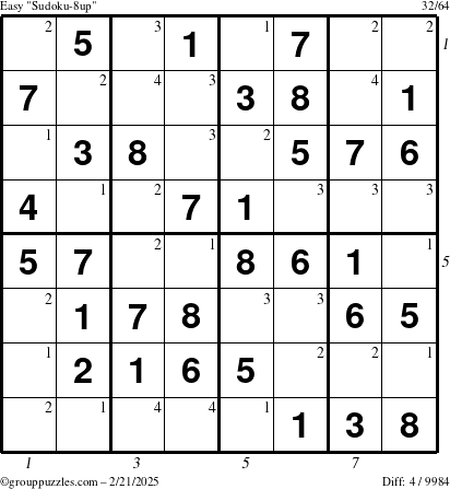 The grouppuzzles.com Easy Sudoku-8up puzzle for Friday February 21, 2025 with all 4 steps marked