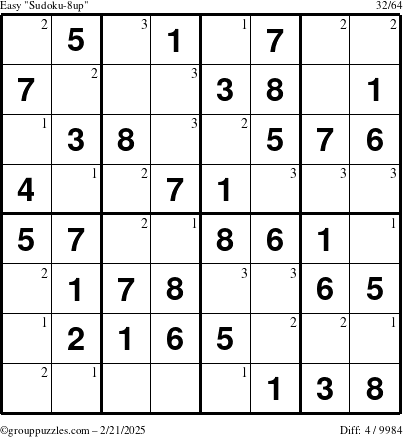 The grouppuzzles.com Easy Sudoku-8up puzzle for Friday February 21, 2025 with the first 3 steps marked