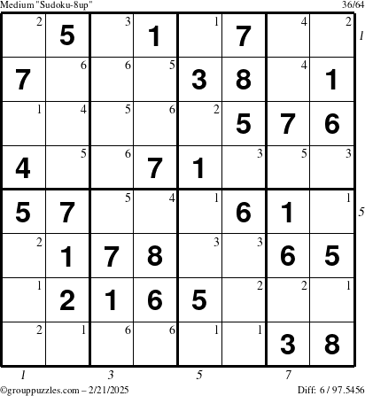 The grouppuzzles.com Medium Sudoku-8up puzzle for Friday February 21, 2025 with all 6 steps marked