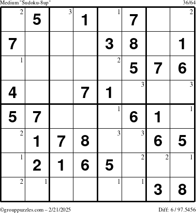 The grouppuzzles.com Medium Sudoku-8up puzzle for Friday February 21, 2025 with the first 3 steps marked