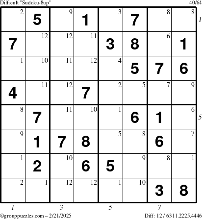 The grouppuzzles.com Difficult Sudoku-8up puzzle for Friday February 21, 2025 with all 12 steps marked