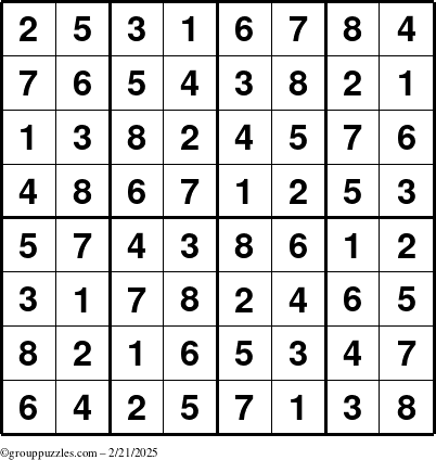 The grouppuzzles.com Answer grid for the Sudoku-8up puzzle for Friday February 21, 2025