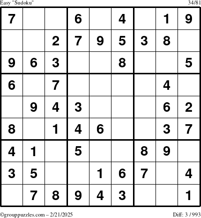 The grouppuzzles.com Easy Sudoku puzzle for Friday February 21, 2025