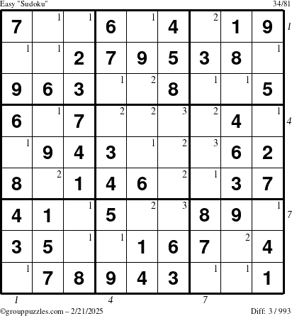 The grouppuzzles.com Easy Sudoku puzzle for Friday February 21, 2025 with all 3 steps marked