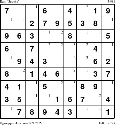 The grouppuzzles.com Easy Sudoku puzzle for Friday February 21, 2025 with the first 3 steps marked