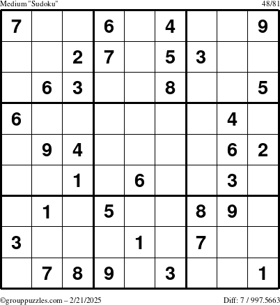 The grouppuzzles.com Medium Sudoku puzzle for Friday February 21, 2025