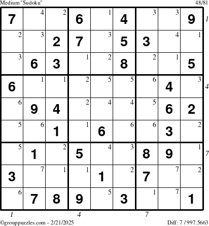 The grouppuzzles.com Medium Sudoku puzzle for Friday February 21, 2025 with all 7 steps marked