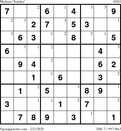 The grouppuzzles.com Medium Sudoku puzzle for Friday February 21, 2025 with the first 3 steps marked