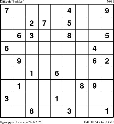 The grouppuzzles.com Difficult Sudoku puzzle for Friday February 21, 2025