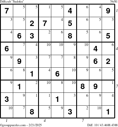 The grouppuzzles.com Difficult Sudoku puzzle for Friday February 21, 2025, suitable for printing, with all 10 steps marked