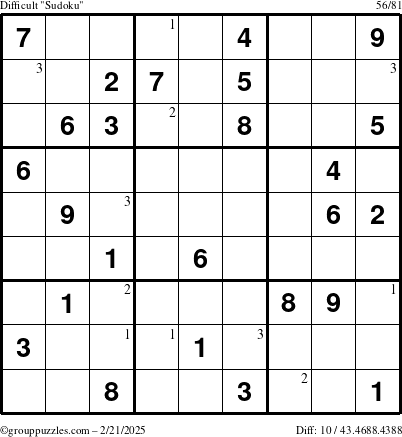 The grouppuzzles.com Difficult Sudoku puzzle for Friday February 21, 2025 with the first 3 steps marked