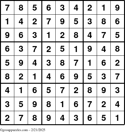 The grouppuzzles.com Answer grid for the Sudoku puzzle for Friday February 21, 2025